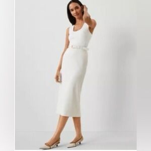 Ann Taylor White Pinstrip Belted Midi Skirt